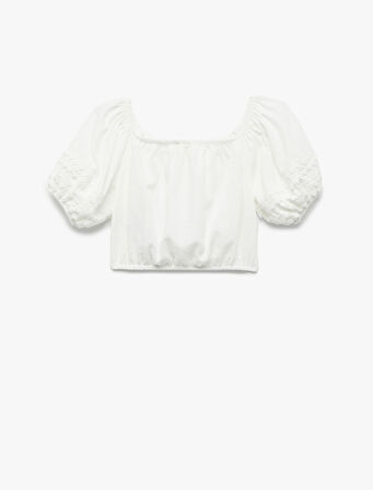 Dantel Detaylı Kısa Kollu Kayık Yaka Viskon Karışımlı Bluz