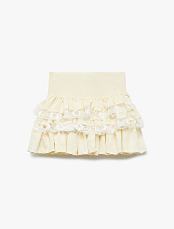 Dantel Detaylı Katlı  Volanlı Viskon Etek