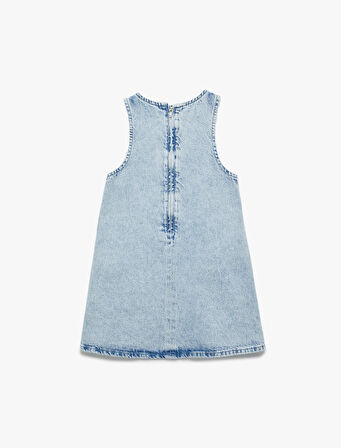 Pamuklu Bisiklet Yaka Fermuarlı Kolsuz Çiçekli Denim Elbise