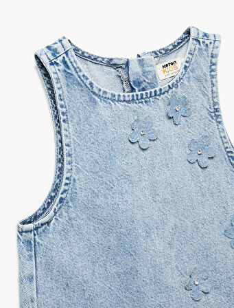 Pamuklu Bisiklet Yaka Fermuarlı Kolsuz Çiçekli Denim Elbise