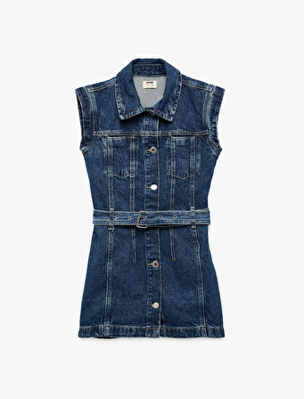 Pamuklu Kemer Detaylı Gömlek Yaka Denim Elbise