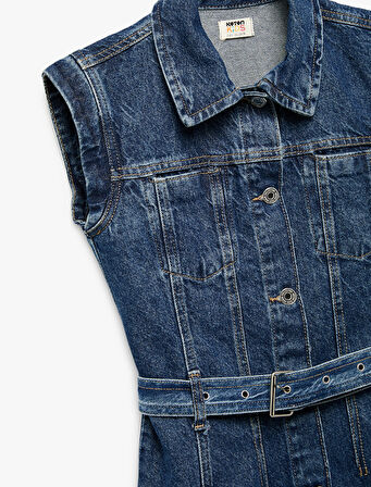 Pamuklu Kemer Detaylı Gömlek Yaka Denim Elbise