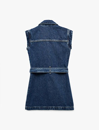 Pamuklu Kemer Detaylı Gömlek Yaka Denim Elbise