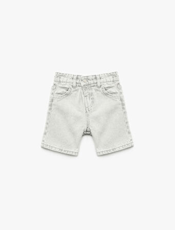 Beli Lastikli Düğmeli Cepli Pamuklu Denim Şort