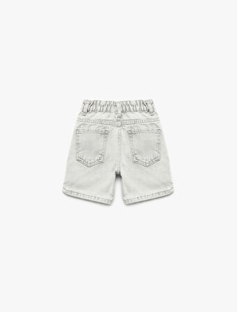 Beli Lastikli Düğmeli Cepli Pamuklu Denim Şort