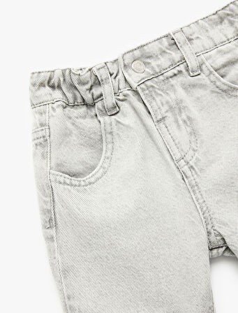 Beli Lastikli Düğmeli Cepli Pamuklu Denim Şort