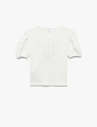 Limon Baskılı Pamuklu Bisiklet Yaka Balon Kollu Tişört