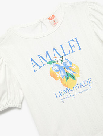 Limon Baskılı Pamuklu Bisiklet Yaka Balon Kollu Tişört