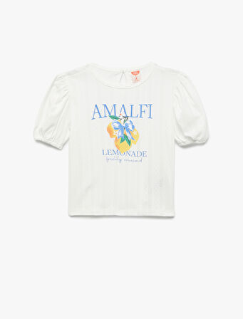 Limon Baskılı Pamuklu Bisiklet Yaka Balon Kollu Tişört