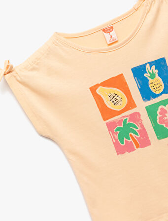 Kısa Kollu Bisiklet Yaka Baskılı Pamuklu Tişört