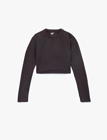 Slim Fit Uzun Kollu Bisiklet Yaka Crop Spor Tişört