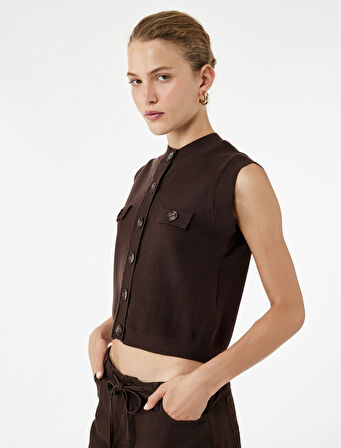 Kolsuz Bisiklet Yaka Viskon Karışımlı Düğmeli Triko Yelek