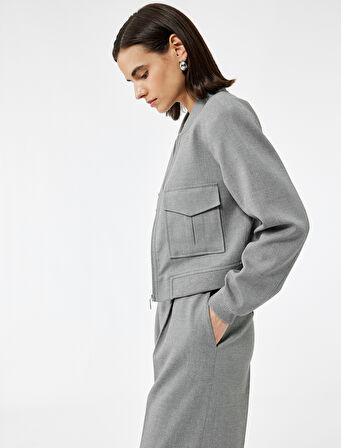 Uzun Kollu Kolej Yaka Cep Detaylı Bomber Ceket