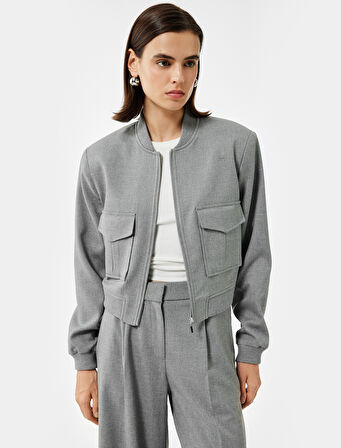 Uzun Kollu Kolej Yaka Cep Detaylı Bomber Ceket