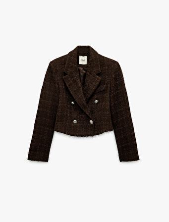 Slim Fit Kruvaze Uzun Kollu Tüvit Crop Blazer Ceket