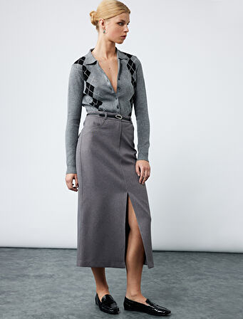 Önden Yırtmaç Detaylı Cepli Kemerli Midi Boy Kalem Etek