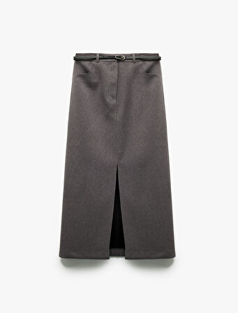 Önden Yırtmaç Detaylı Cepli Kemerli Midi Boy Kalem Etek