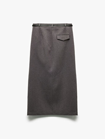 Önden Yırtmaç Detaylı Cepli Kemerli Midi Boy Kalem Etek