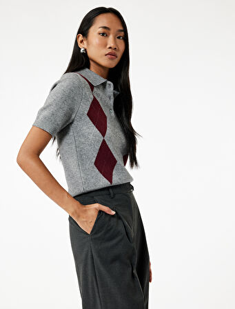 Düğmeli Baklava Desenli Kısa Kollu Triko Polo Yaka Kazak