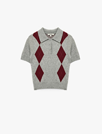 Düğmeli Baklava Desenli Kısa Kollu Triko Polo Yaka Kazak