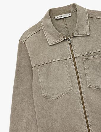 Uzun Kollu Dikiş Detaylı Klasik Yaka Cepli Pamuklu Jean Gömlek Ceket