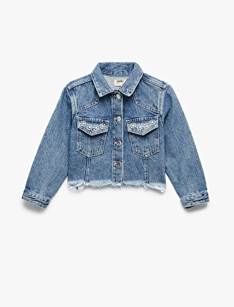 Uzun Kollu Taş Detaylı Cepli Pamuklu Denim Ceket