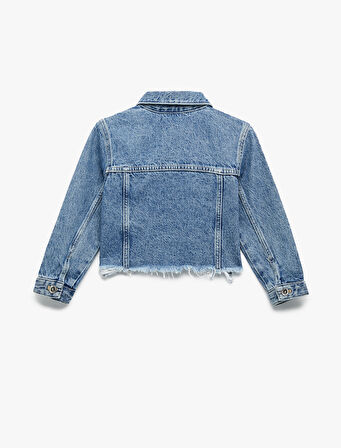 Uzun Kollu Taş Detaylı Cepli Pamuklu Denim Ceket