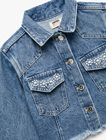 Uzun Kollu Taş Detaylı Cepli Pamuklu Denim Ceket