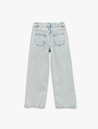 Pamuklu Taş Detaylı Geniş Paça Jean Pantolon