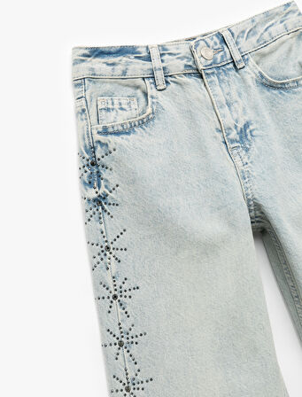 Pamuklu Taş Detaylı Geniş Paça Jean Pantolon