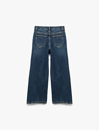 Beli Bağcıklı Pamuklu Geniş Paça Denim Pantolon