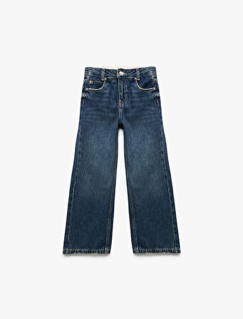 Beli Bağcıklı Pamuklu Geniş Paça Denim Pantolon