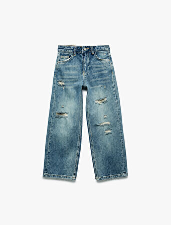 Pamuklu Yıpratma Detaylı Geniş Paça Denim Pantolon