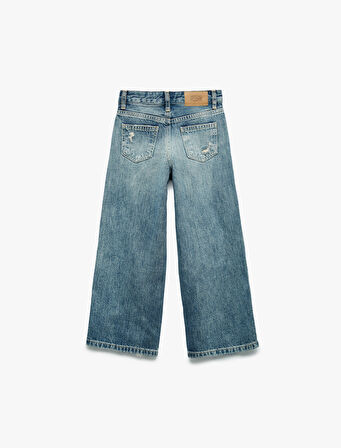 Pamuklu Yıpratma Detaylı Geniş Paça Denim Pantolon