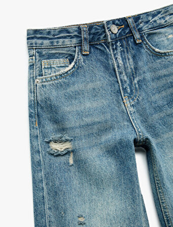 Pamuklu Yıpratma Detaylı Geniş Paça Denim Pantolon