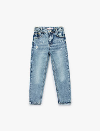 Cep Detaylı Yıpratılmış Detaylı Mom Fit Pamuklu Denim Pantolon