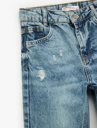 Cep Detaylı Yıpratılmış Detaylı Mom Fit Pamuklu Denim Pantolon