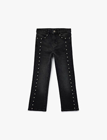 Pamuklu İnci Detaylı Yıpratmalı Straight Fit Denim Pantolon