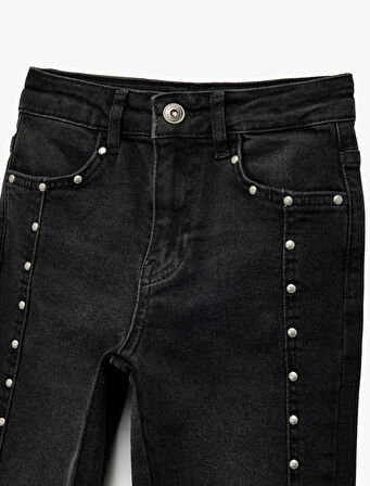 Pamuklu İnci Detaylı Yıpratmalı Straight Fit Denim Pantolon