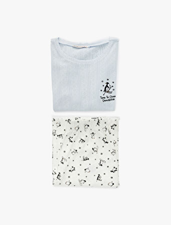 Pamuklu Uzun Kollu Bisiklet Yaka Penguen Baskılı Pijama Takımı