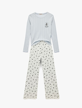Pamuklu Uzun Kollu Bisiklet Yaka Penguen Baskılı Pijama Takımı