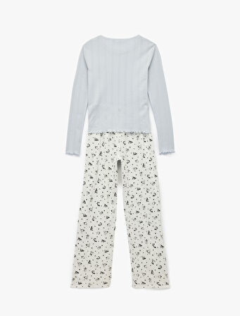 Pamuklu Uzun Kollu Bisiklet Yaka Penguen Baskılı Pijama Takımı