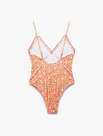 Pötikareli Limon Desenli Fırfır Detaylı İnce Askılı Mayo