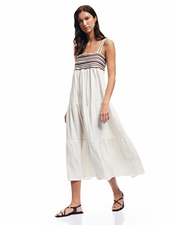 Viskon Keten Karışımlı Kolsuz Katlı Kare Yaka Uzun Askılı Müslin Elbise