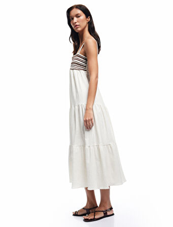 Viskon Keten Karışımlı Kolsuz Katlı Kare Yaka Uzun Askılı Müslin Elbise