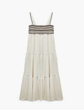 Viskon Keten Karışımlı Kolsuz Katlı Kare Yaka Uzun Askılı Müslin Elbise