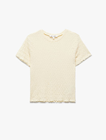 Basic Kısa Kollu Bisiklet Yaka Dokulu Crop Tişört Bürümcük