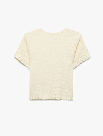 Basic Kısa Kollu Bisiklet Yaka Dokulu Crop Tişört Bürümcük