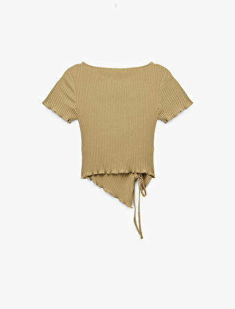 Asimetrik Kesim Büzgülü Bisiklet Yaka Kısa Kollu Bluz