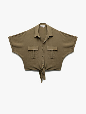 Kısa Kollu Klasik Yaka Bağlama Detaylı Cepli Crop Oversize Bluz